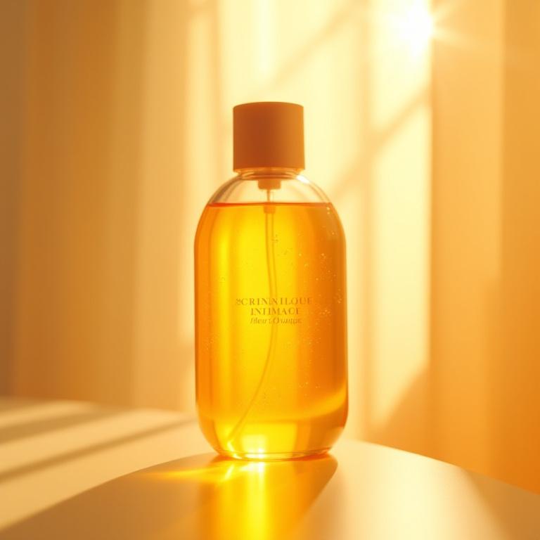 Flacon en verre d'huile corporelle scintillante, tenu à la lumière pour montrer les reflets dorés.